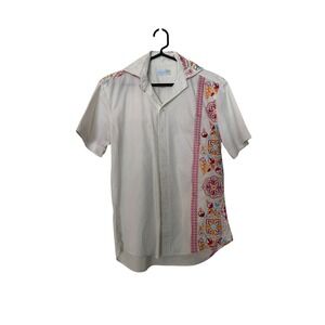 Seaplane White Short Sleeve Button-Down Shirt with Pink Floral Embroidery Sz XXS